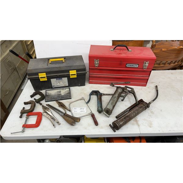 Stanley Red Metal Toolbox, Strong N Tuff 19" Tool Box, C-Clamps, Grease Guns, and More