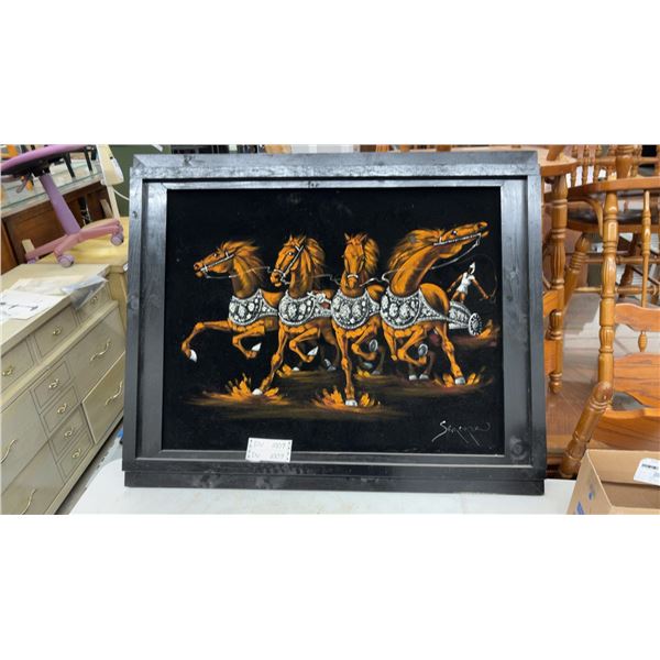 Sanchez Signed Velvet Painting of Quadriga with Four Horses, Framed