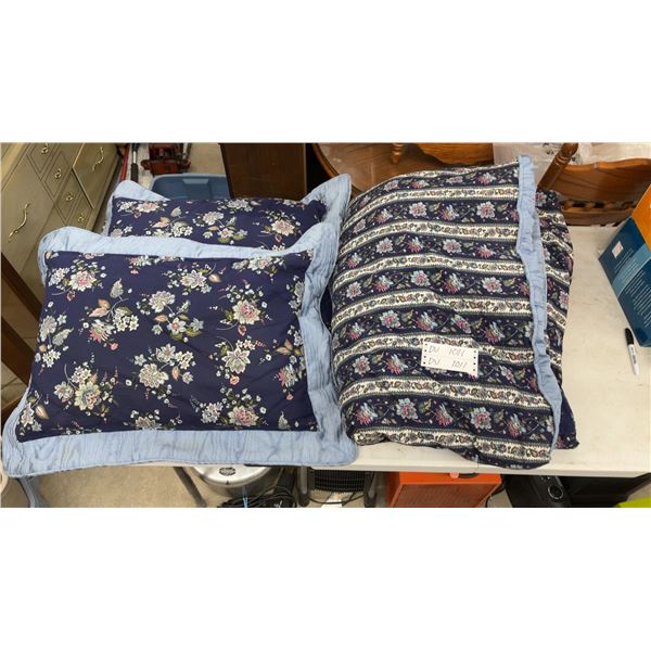 Pillows and Queen Comforter Navy Blue Floral Pattern and Light Blue Trim