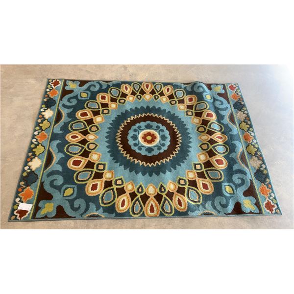 Hand-Tufted Area Rug with Central Medallion Design in Blue and Brown Tones 63 x 90