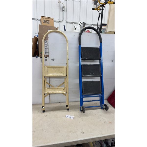 Two-Step Yellow Metal Folding Step Stool and Blue Three-Step Rolling Utility Ladder