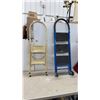 Image 1 : Two-Step Yellow Metal Folding Step Stool and Blue Three-Step Rolling Utility Ladder
