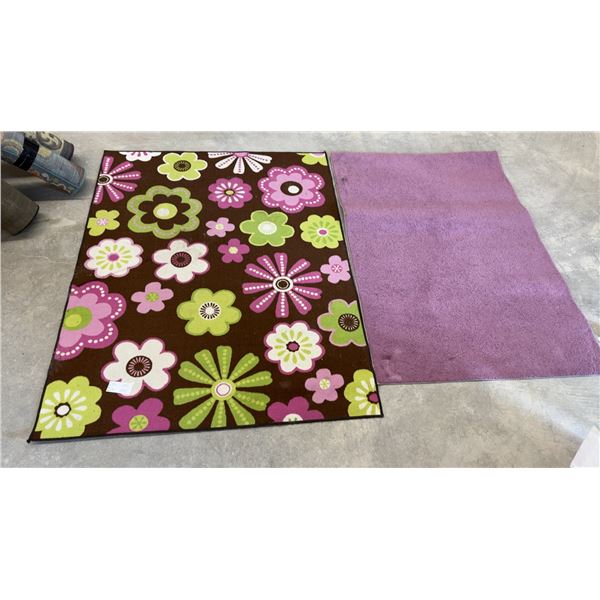 Two Area Rugs, Brown Floral Pattern 77 x 59 and Solid Purple 69 x 48