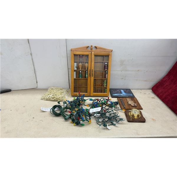 Wooden Display Cabinet 16 x 21” with Salt Pepper Shakers, Christmas Lights, Extension Cords