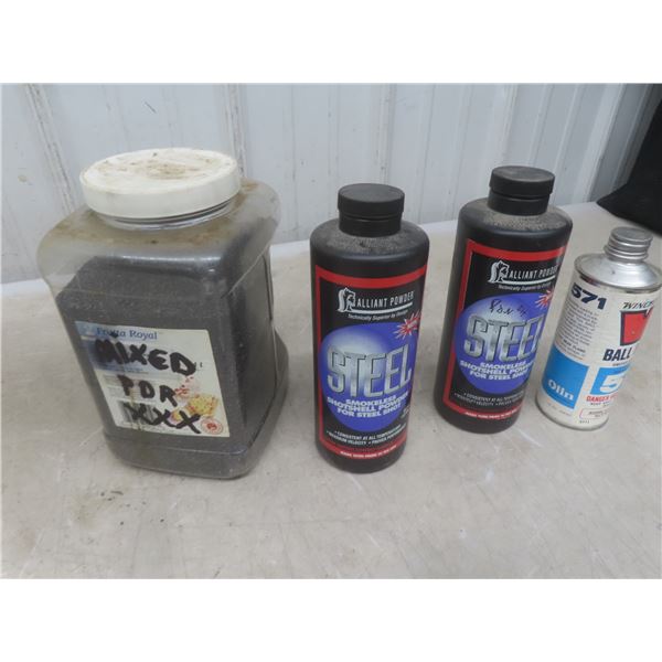Reloading Powder, 3 Containers 1/2 Full and 1 Mixed Jug Full