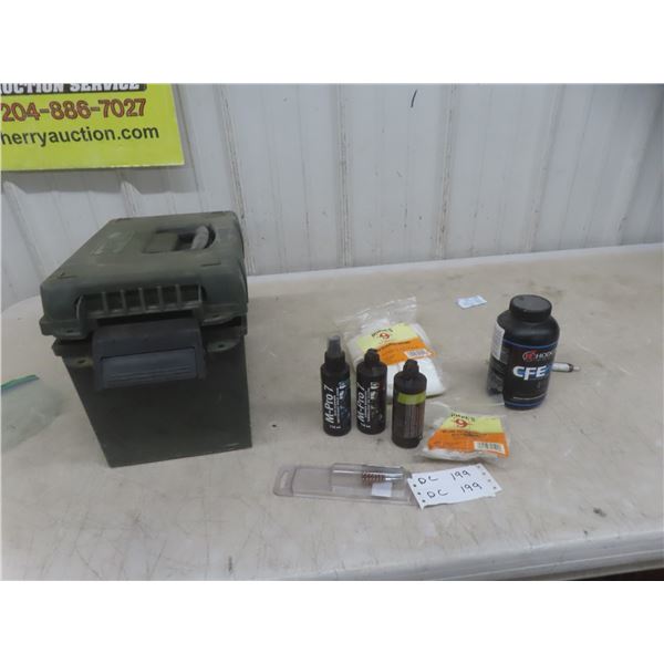 Ammo Box, Cleaning Patches and Solvents, Hodgdon CFE 223 Reloading Powder ¾ Full