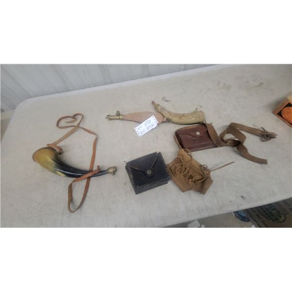 Powder Horn with Leather Strap, Powder Flasks, and Leather Ammo Pouches