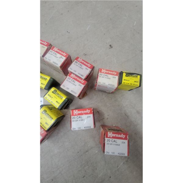 Hornady 20 Caliber 33 Grain V-MAX and Berger 20 Caliber 36 Grain Moly MEF Bullets Full and Partial