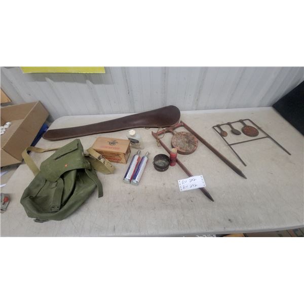 Vintage Winchester .22 Rimfire Ammo Box, Canvas Bag, Leather Scabbard, Targets and More