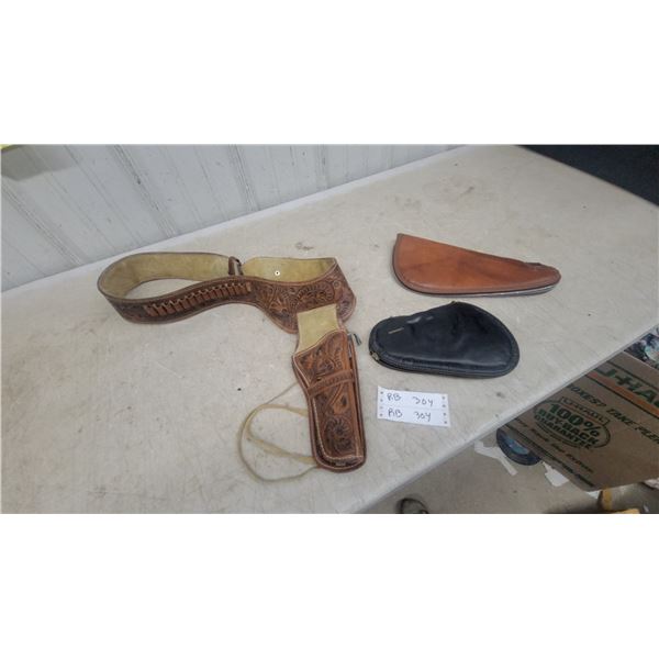 Tooled Leather Western Holster Rig with Cartridge Belt and Two Pistol Cases