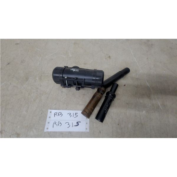Bushnell ProPoint Red Dot Sight, P.S. Olt Model D-2 Duck Call, and Wooden Game Call