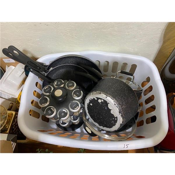 BASKET LOT OF SPICES, POTS, AND PANS