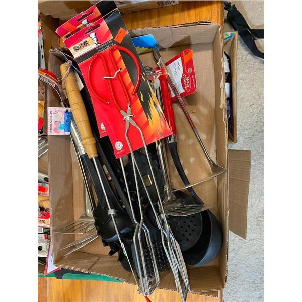BOX LOT OF KITCHEN AND BBQ SUPPLIES