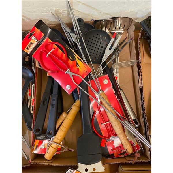 BOX LOT OF KITCHEN AND BBQ SUPPLIES