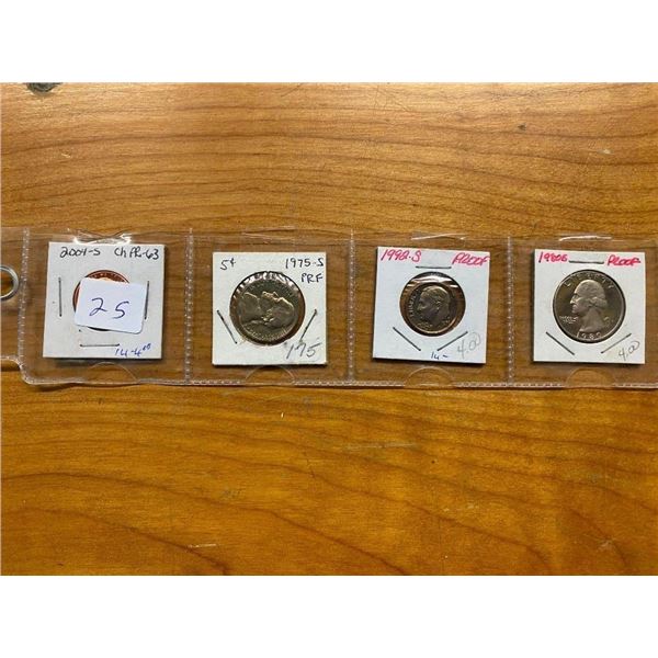 4 PCS - PENNY, NICKEL, DIME, QUARTER US PROOF COINS