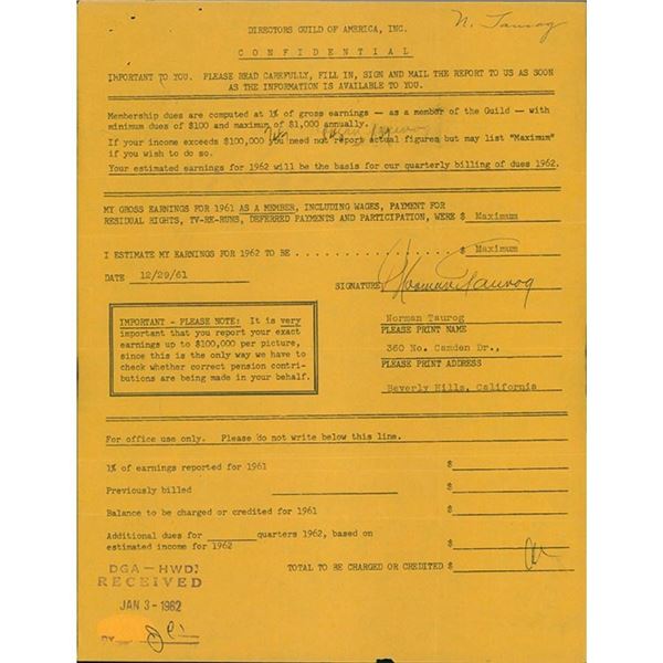 Director Norman Taurog Signed Directors Guild Of America Form JSA Authenticated
