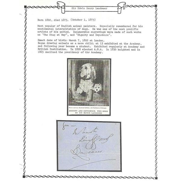 English Animal Painter Sir Edwin Henry Landseer signed collector page and letter