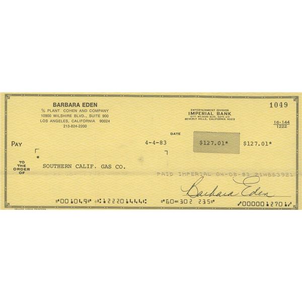 Barbara Eden I Dream of Jeanie  signed check
