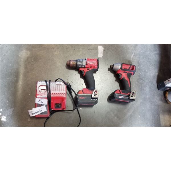 MILWAUKEE FUEL 1/2 INCH HAMMER DRILL DRIVER, IMPACT GUN, AND RAPID CHARGER WORKING, 2 BATTERIE SINLC