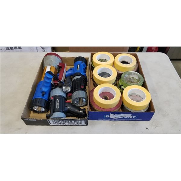 2 TRAYS OF ASSORTRED TAPE AND FLASHLIGHTS