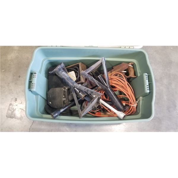 TOTE OF ASSORTED SHOP TOOLS AND SHOP STANDS