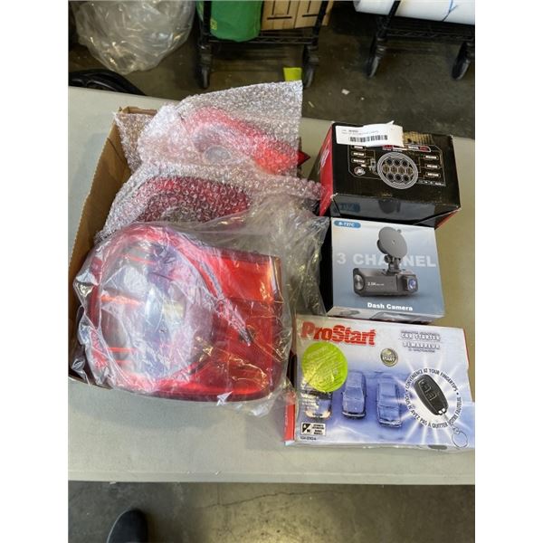 TRAY OF AUTOMOTIVE LIGHTS, DASH CAM, AND CAR STARTER