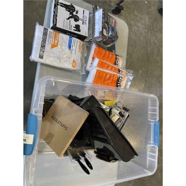 TRAY OF ASSORTED NEW ITEMS INLCUDING COOL FLOW RESPIRATOR, PAINTING ITEMS, JUMP SUIT ETC