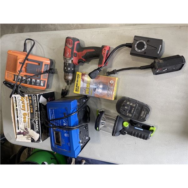 CRATE OF ASSORTED TOOLS AND PAINT SPRAYER