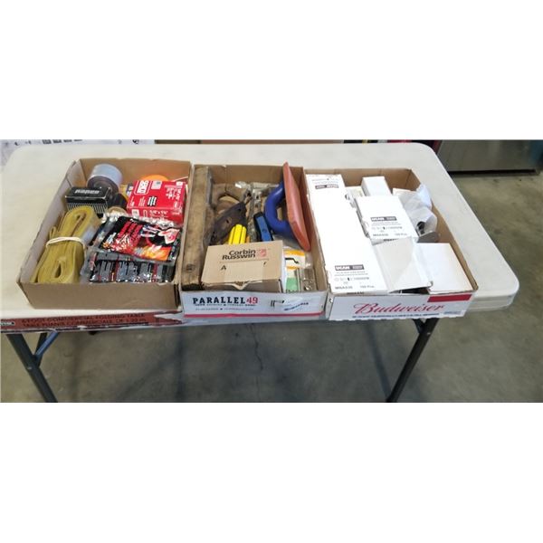 3 TRAYS OF ASSORTED SHOP HARDWARE, ANCHORS, WOOD PLANE, STRAP AND HAND WARMERS