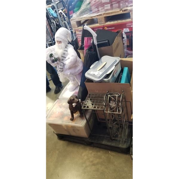 PALLET OF ESTATE GOODS INCLUDING CHRISTMAS DECORATIONS, LUGGAGE BAGS ETC