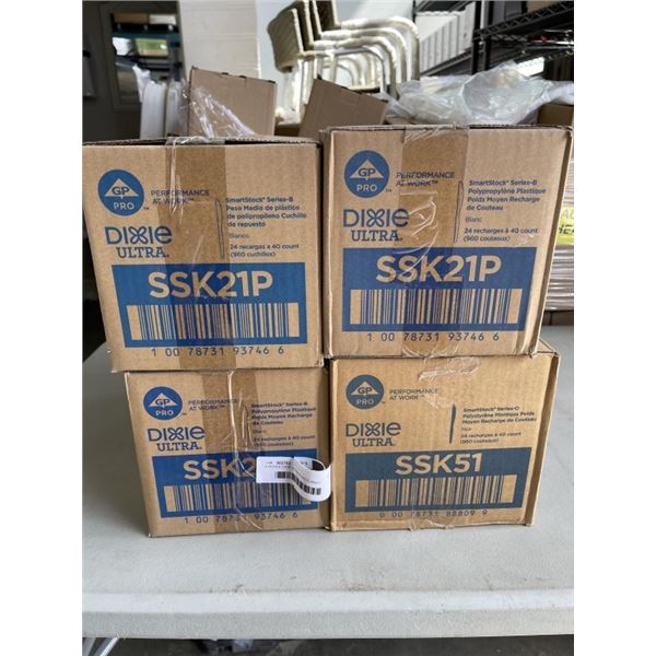 4 BOXES DIXIE ULTRA PLASTIC KNIFE REFILL. 24 REFILLS AT 40 COUNT (960 KNIVES PER BOX)