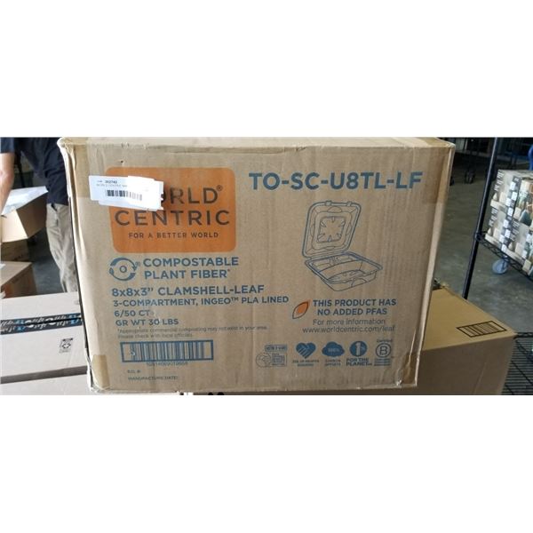 WORLD CENTRIC 8X8X3" CLAMSHELL-LEAF 3 COMPARTMENT TAKEOUT FOOT CONTAINER