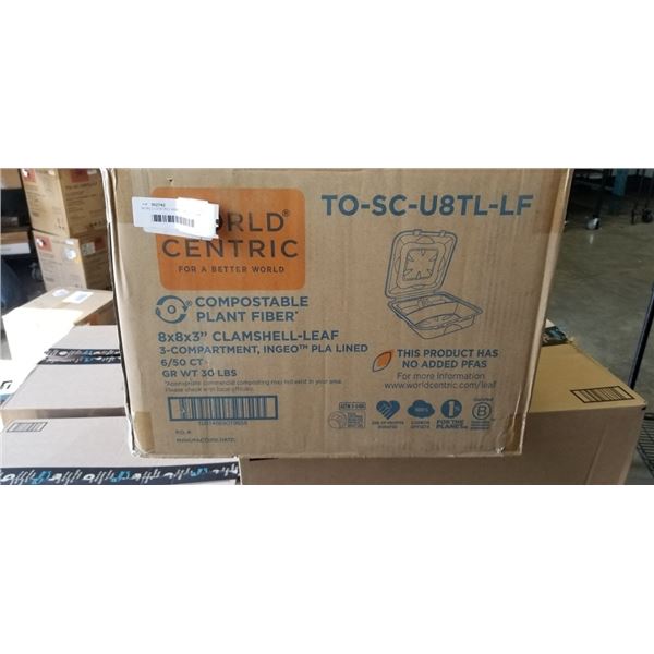 WORLD CENTRIC 8X8X3" CLAMSHELL-LEAF 3 COMPARTMENT TAKEOUT FOOT CONTAINER