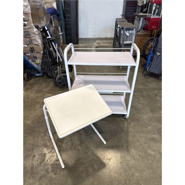 WHITE 3 TIER ROLLING SHELF AND WHITE FOLDING TRAY