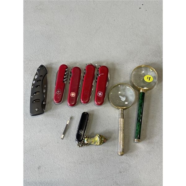 BAG OF POCKET KNIVES AND MAGNIFYING GLASSES