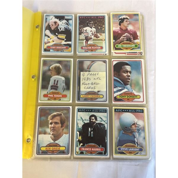 4 PAGES OF 1980 NFL TOPPS AND FLEER FOOTBALL CARDS