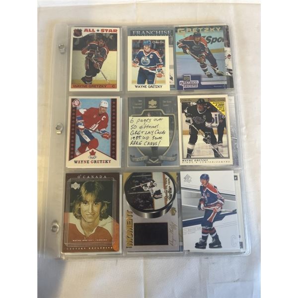 6 PAGES OVER 50 DIFFERENT WAYNE GRETZKY CARDS - 1985 AND UP SOME RARE, HARD TO FIND CARDS
