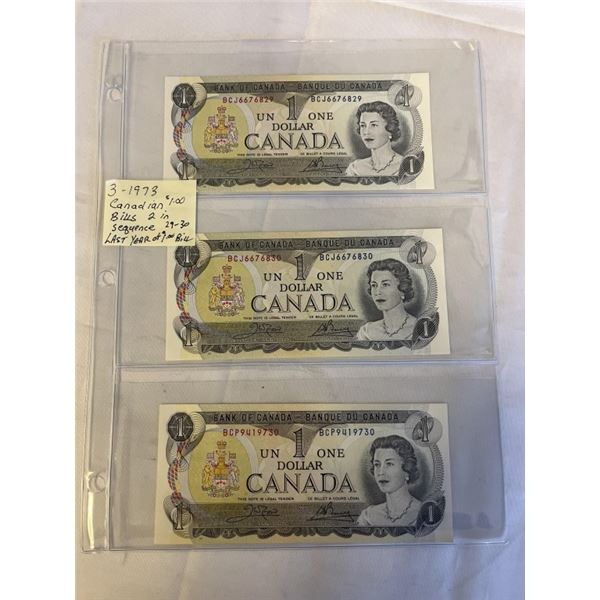 3 - 1973 CANADIAN MINT $1 BILLS 2 IN SEQUENCE 29-30 LAST YEAR $1 BILL