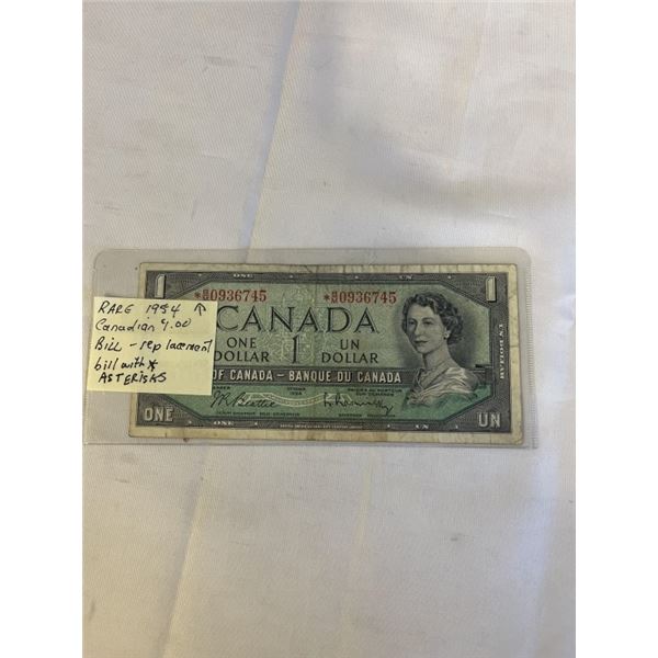 RARE 1954 CANADIAN $1 BILL REPLACEMENT BILL W/ ASTERICKS