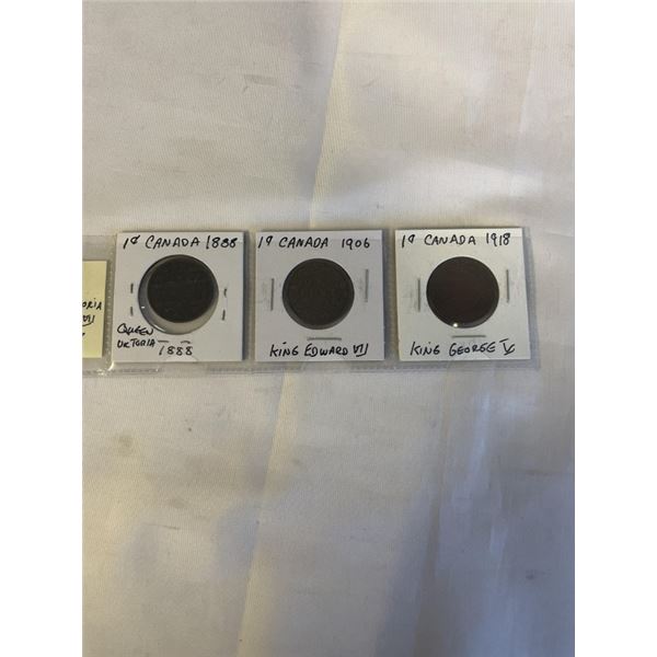 3 CANADIAN LARGE CENTS 1888 QUEEN VICTORIA,  1906 KING EDWARD VII, 1918 KING GEORGE V