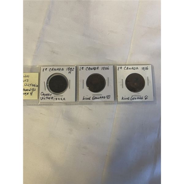 3 CANADIAN LARGE CENTS 1882H QUEEN VICTORIA, 1906 KING EDWARD VII, 1916 KING GEORGE V