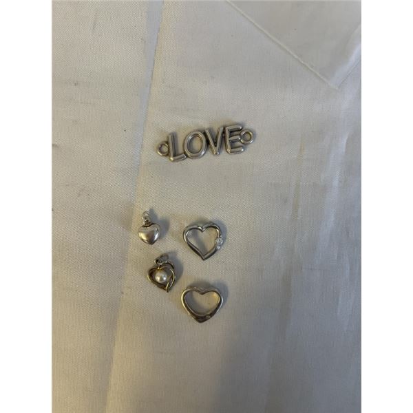 4 STERLING SILVER HEART PENDANTS/ CHARMS AND 1 LOVE PENDANT
