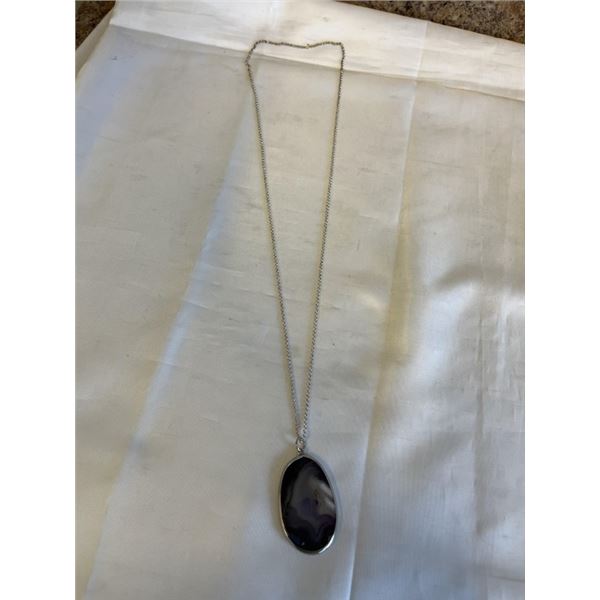 EXTREME LENGTH STERLING SILVER CHAIN W/ LACE AGATE STONE PENDANT