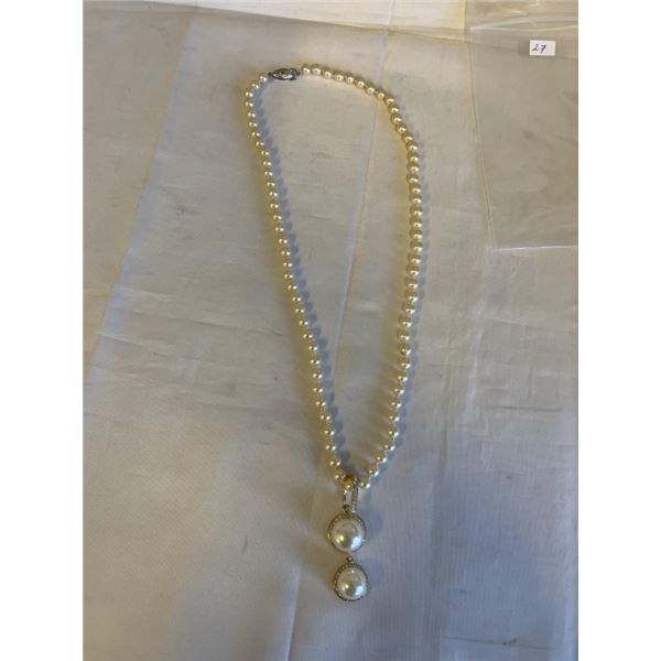 VINTAGE HAND KNOTTED PEARL NECKLACE W/ ENHANCED PEARL PENDANT
