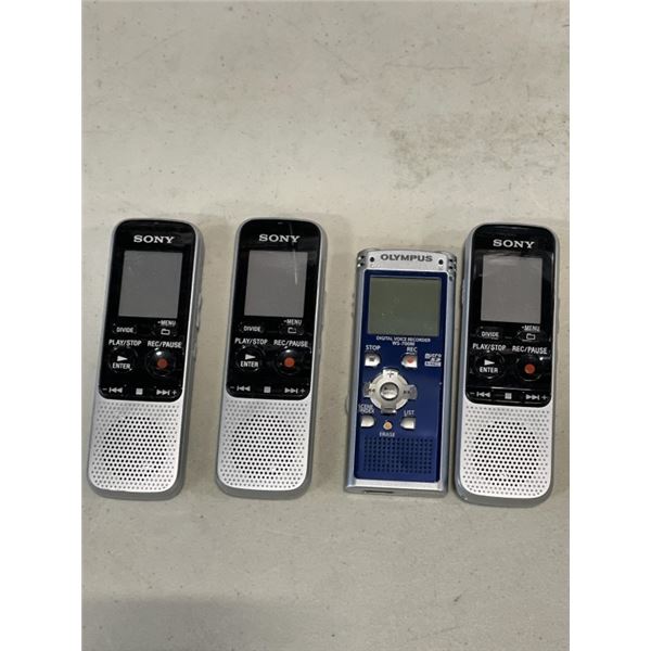 4 VOICE RECORDERS, 3 SONY AND 1 OLYMPUS