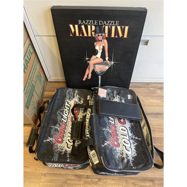 2 COORS LIGHT COLD CASES/ COOLER BAGS PLUS NEW MOLSON CANADIAN COASTER PACK AND MARTINI RAZZLE DAZZL