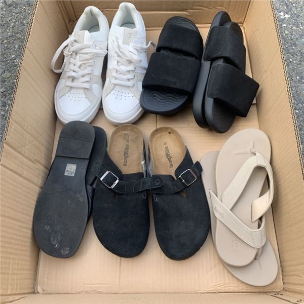 BOX OF SIZE 9 RUNNERS AND SUMMER FOOTWEAR