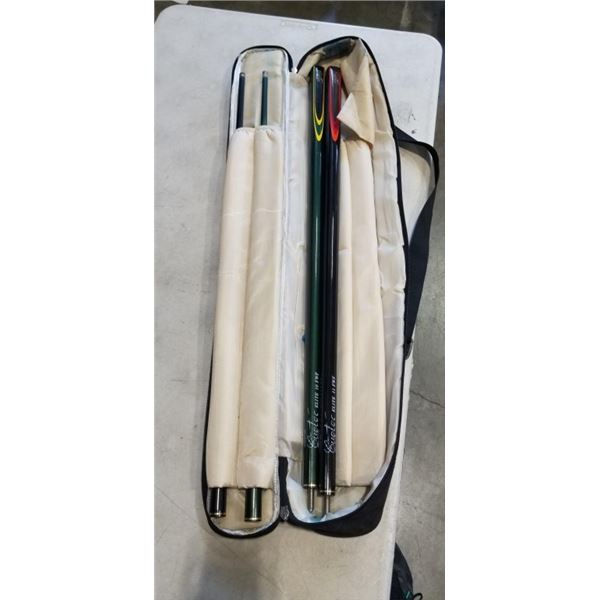 2 POOL CUES IN CASE, 2PC UNITS, ONE NEEDS TIP TO BE REATTACHED