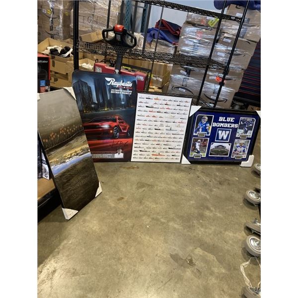 FRAMED BLUE BOMBERS COLLECTION, METAL SIGN, BOAT PRINT,  AND CANVAS ART