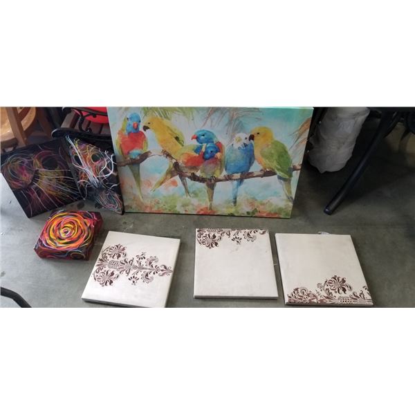 ASSORTED ESTATE CANVAS PAINTINGS INCLUDING SET OF 3 SUEDE PICTURES